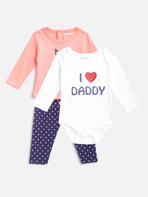 

Moms Love Girls Peach-Coloured & Navy Blue Printed T-shirt with Pyjamas & Bodysuit