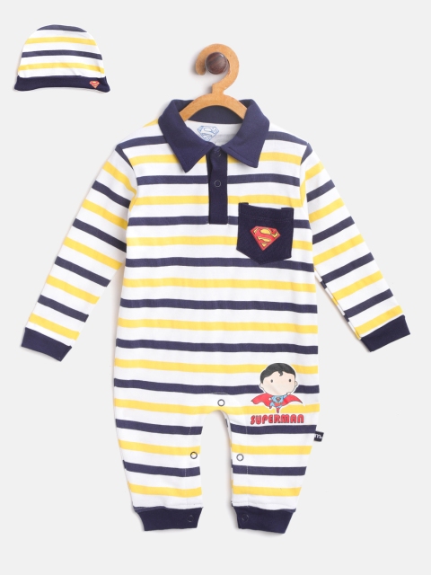 

Moms Love Boys White & Navy Blue Striped Rompers with Beanie