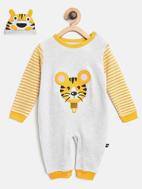 

Moms Love Boys Grey Melange & Yellow Tiger Applique Detail Pure Cotton Rompers with Beanie