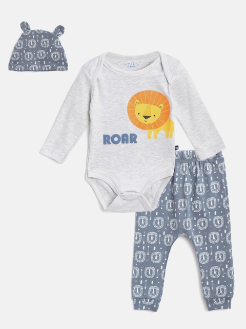 

Moms Love Boys Grey Melange & Blue Lion Print Bodysuit with Pyjamas & Beanie