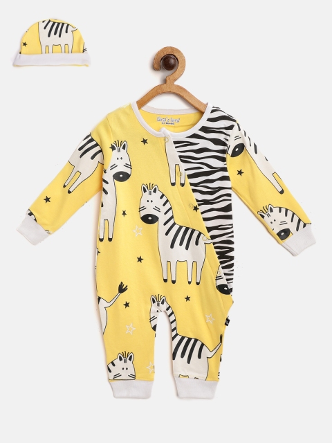 

Moms Love Infant Boys Yellow & White Pure Cotton Zebra Print Rompers with Beanie