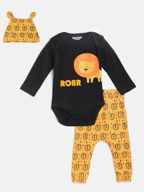 

Moms Love Boys Black & Mustard Yellow Lion Print Bodysuit with Pyjamas & Beanie