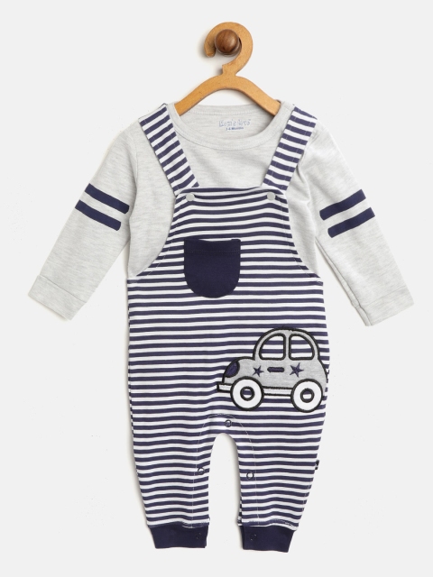

Moms Love Boys Grey Melange & Navy Blue Solid T-shirt with Striped Dungarees