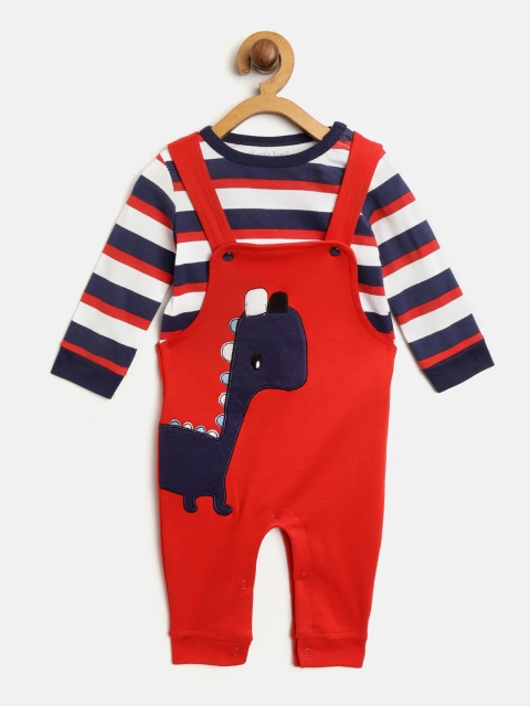 

Moms Love Boys White & Red Striped T-shirt with Solid Dungarees