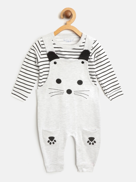 

Moms Love Boys White & Grey Melange Striped T-shirt with Dungarees