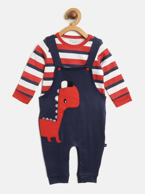 

Moms Love Boys White & Navy Blue Striped T-shirt with Dungarees