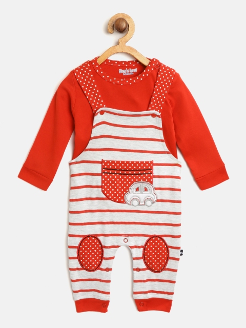 

Moms Love Boys Red & Grey Melange Solid T-shirt with Striped Dungarees