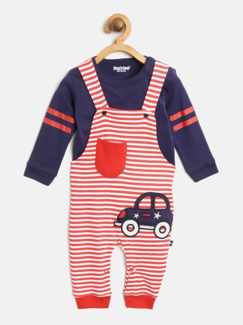 

Moms Love Boys Navy Blue & Red Solid T-shirt with Striped Dungarees