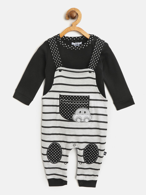 

Moms Love Boys Black & Grey Melange Solid T-shirt with Striped Dungarees