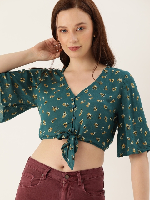

FOREVER 21 Women Teal Green & Yellow Floral Printed Cropped Top With Tie-ups