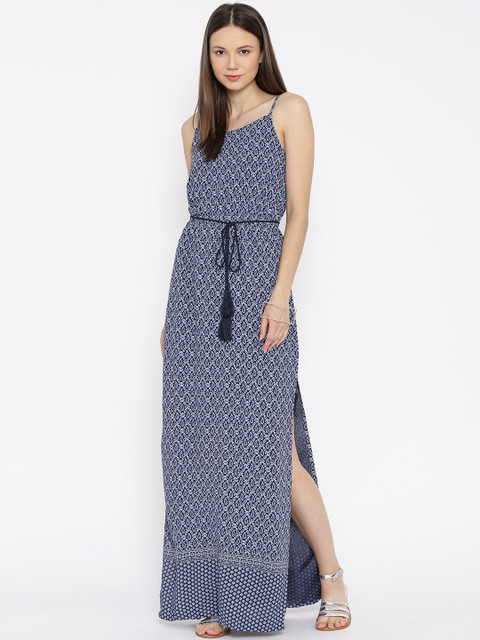 

Tokyo Talkies Navy Printed Maxi Dress with Belt, Navy blue