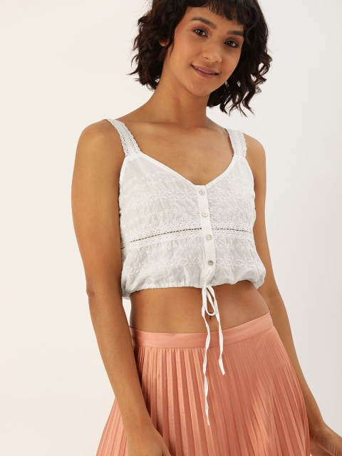 

FOREVER 21 Women White Floral Embroidered Schiffli Crop Blouson Pure Cotton Top