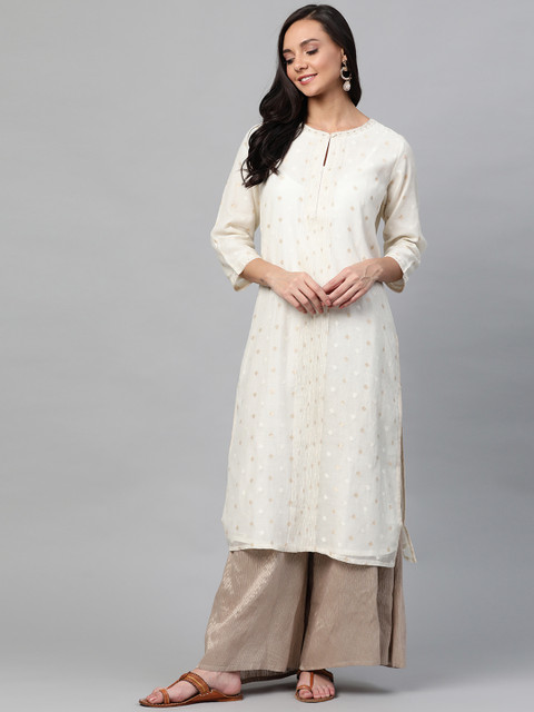 

Fabindia Women Off-White & Golden Ethnic Woven Design Straight Kurta with Pintuck Detail