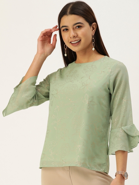 

AND Sage Green Tropical Embellished Ruffles Linen Blouson Top