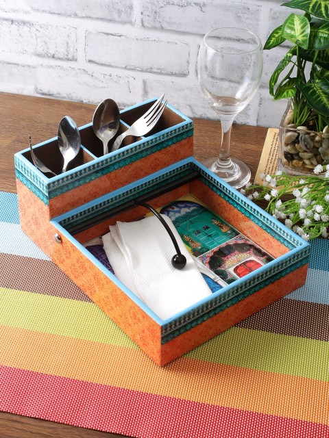 

Multicoloured Digital Printed MDF Cutlery and Tissue Holder, Multi