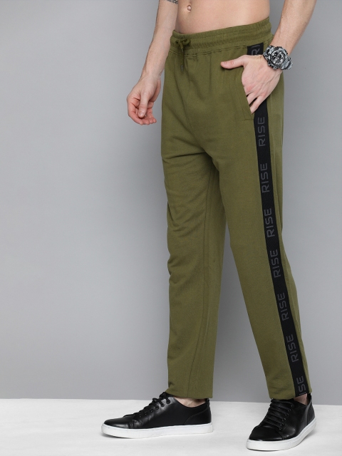 

HERE&NOW Men Olive Green Solid Straight Fit Track Pants With Side Stripes