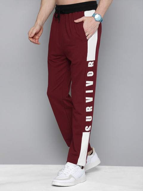 

HERE&NOW Men Black Solid Straight Fit Track Pants With Print Detail, Maroon