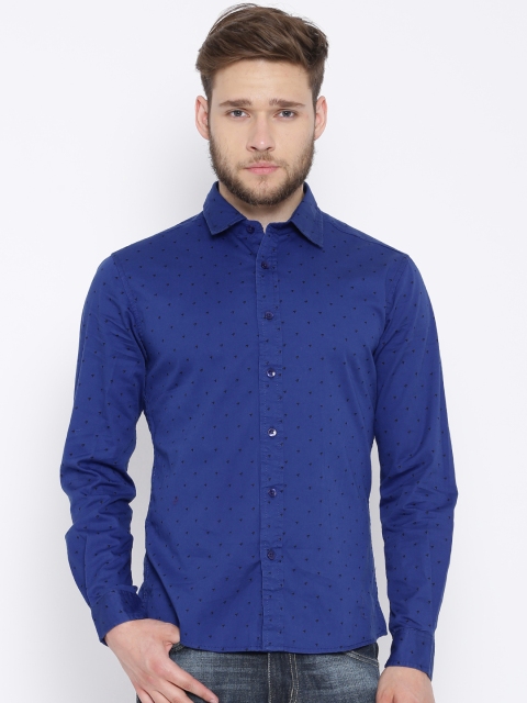 

People Blue Houndstooth Print Slim Casual Shirt