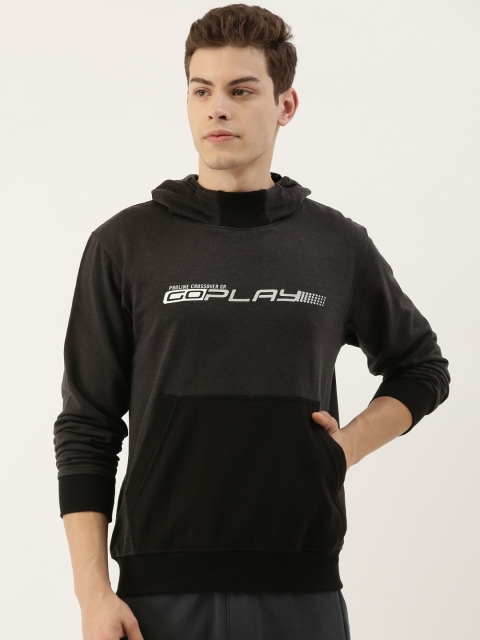 

Proline Active Men Charcoal Grey & Black Printed Hooded Sweatshirt