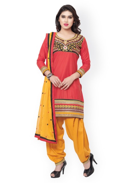 

Saree mall Red & Yellow Embroidered Cotton Unstitched Dress Material