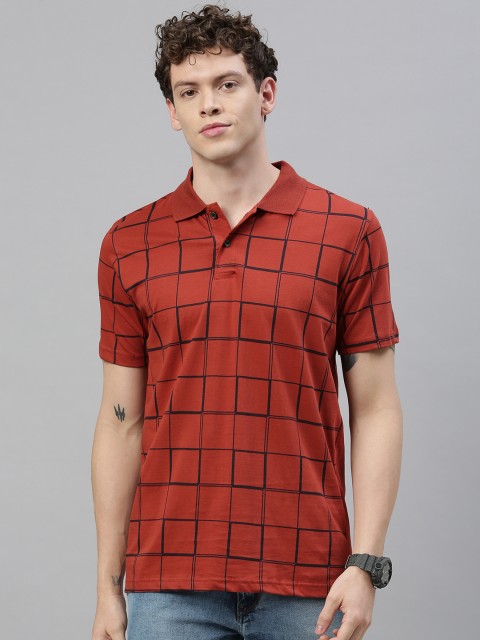 

Kryptic Men Rust Red & Black Checked Mandarin Collar T-shirt