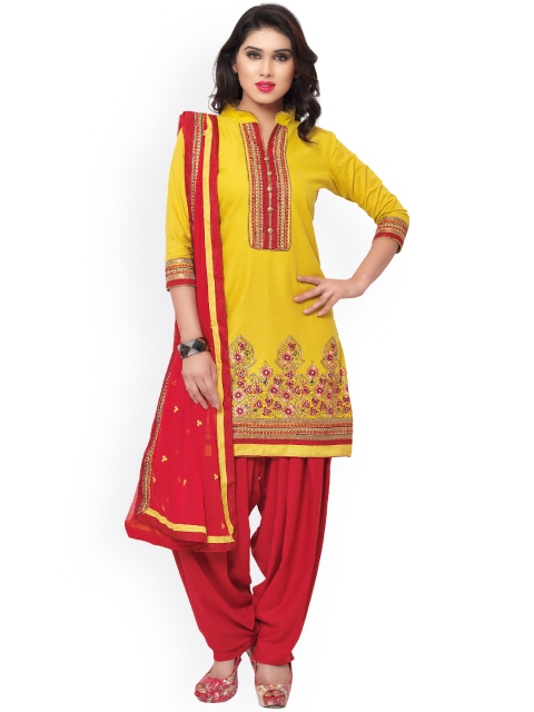 

Saree mall Yellow & Red Embroidered Cotton Unstitched Dress Material