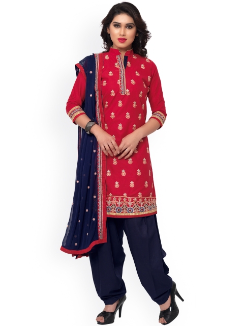 

Saree mall Red & Navy Embroidered Cotton Unstitched Dress Material
