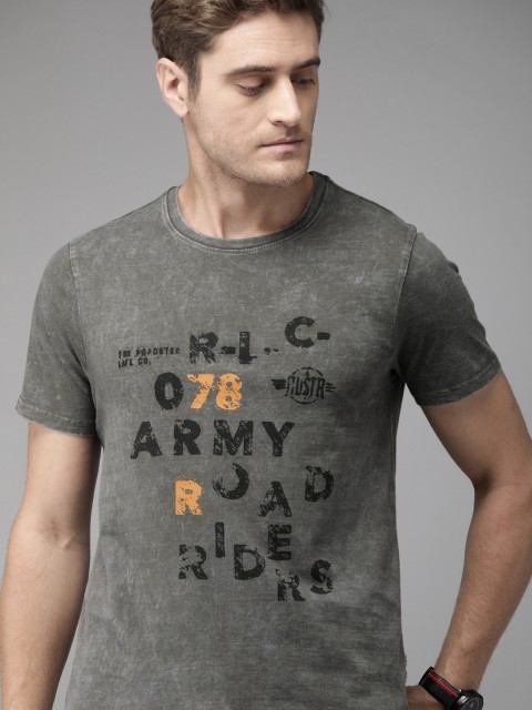 

Roadster Men Charcoal Grey Printed Round Neck Pure Cotton T-shirt