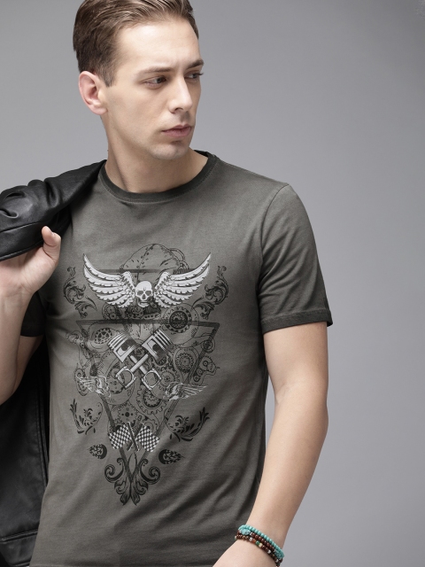 

Roadster Men Grey Printed Round Neck T-shirt