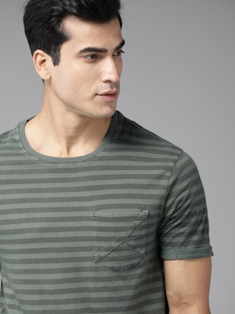 

Roadster Men Blue & Grey Striped Cotton Round Neck T-shirt