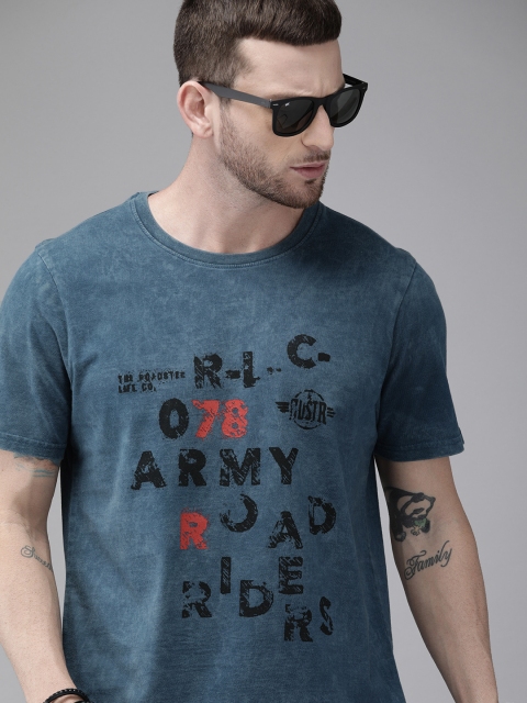 

Roadster Men Teal Blue Printed Round Neck Pure Cotton T-shirt