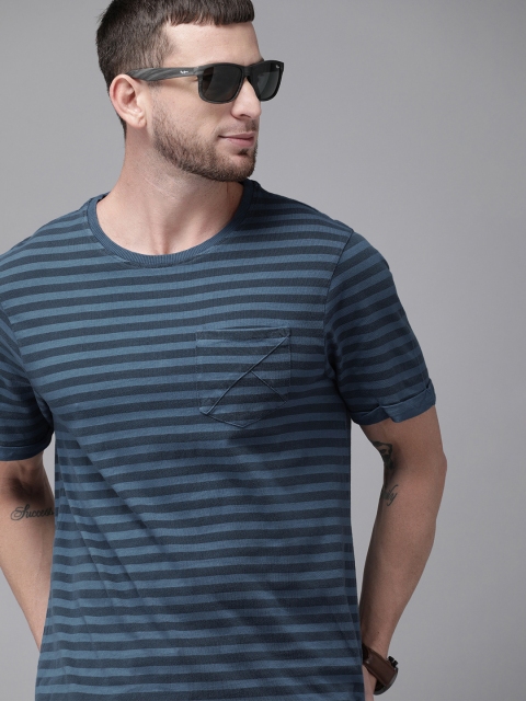 

Roadster Men Navy Blue Striped Round Neck T-shirt