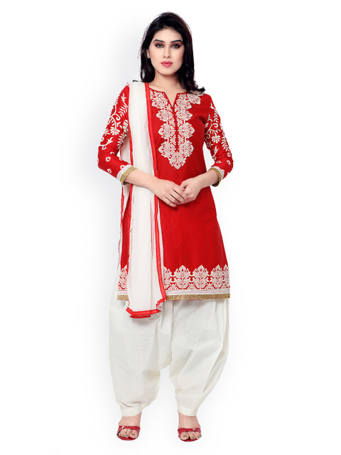 

Saree mall Red & White Embroidered Cotton Unstitched Dress Material
