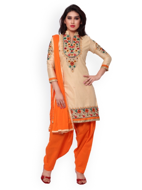 

Saree mall Beige & Orange Embroidered Cotton Unstitched Dress Material