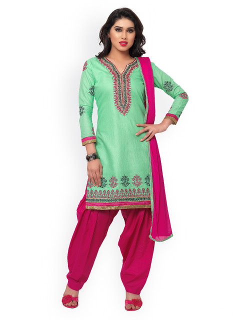 

Saree mall Green & Pink Embroidered Cotton Unstitched Dress Material