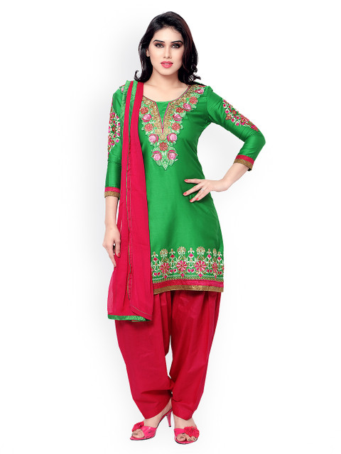 

Saree mall Green & Pink Embroidered Cotton Unstitched Dress Material