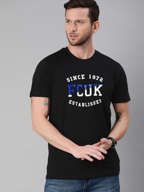 

French Connection Men Black Printed Round Neck Pure Cotton T-shirt
