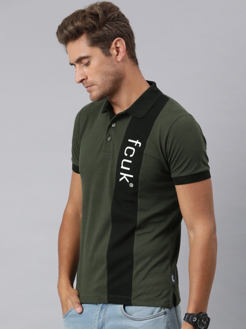 

French Connection Men Olive Green Colourblocked Polo Collar T-shirt