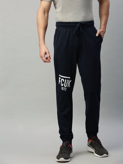 

French Connection Men Navy Blue Solid Slim Fit Joggers with Printed Details