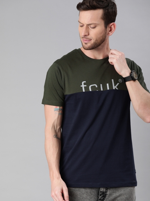 

French Connection Men Olive Green & Navy Blue Colourblocked Round Neck T-shirt with Print