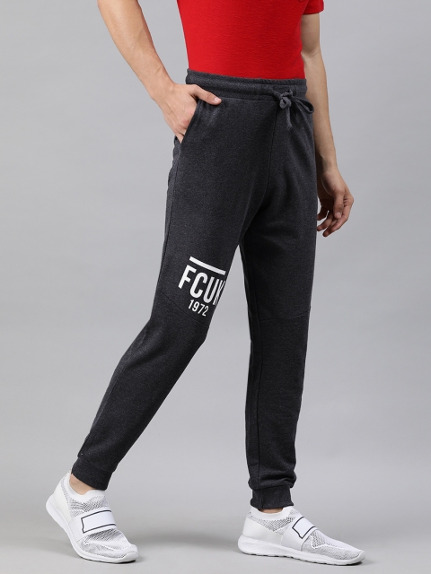 

French Connection Men Charcoal Grey Solid Slim Fit Joggers with Printed Detail