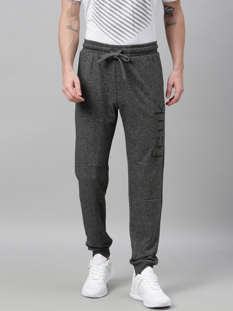 

French Connection Men Charcoal Grey Melange Solid Slim Fit Joggers with Printed Detail