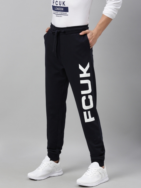 

French Connection Men Navy Blue & White Slim Fit BOLD Printed Joggers