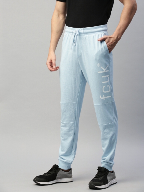 

French Connection Men Blue Solid Slim Fit Joggers with Print Detail