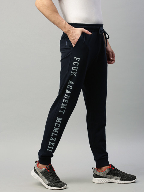 

French Connection Men Navy Blue Solid Slim Fit Joggers with Side Printed Details