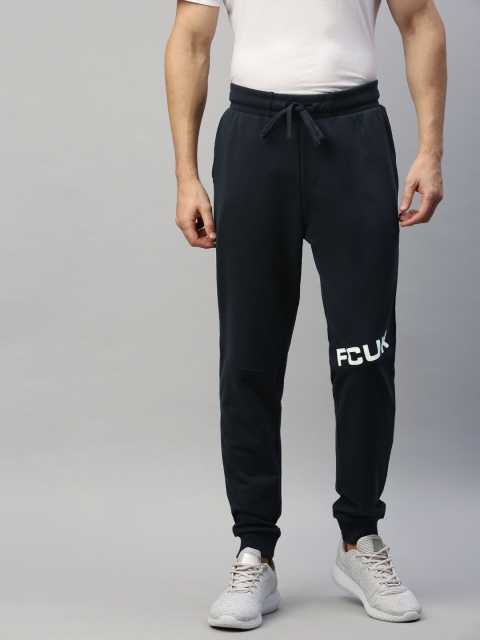 

French Connection Men Navy Blue Solid Slim Fit Joggers with Print Detail