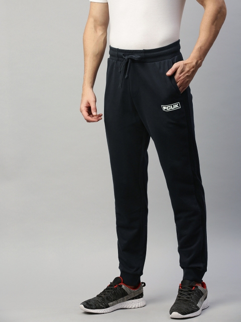 

French Connection Men Navy Blue Solid Slim Fit Joggers with Print Detail