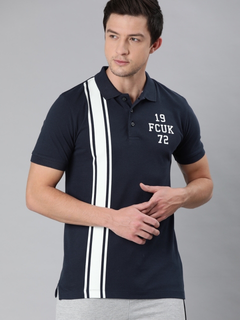 

French Connection Men Navy Blue Striped Slim Fit Polo Collar T-shirt