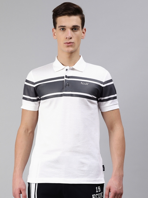 

French Connection Men White & Black Striped Slim Fit Polo Collar T-shirt