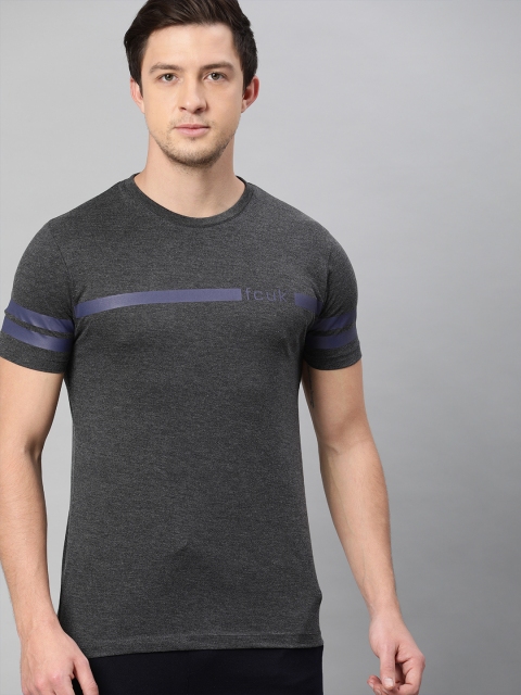 

French Connection Men Grey Striped Round Neck T-shirt